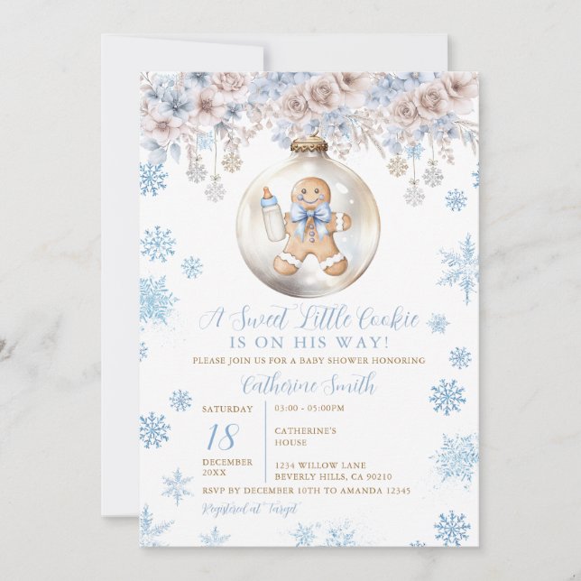 Invitation Blue Bow Gingerbread Christmas Cookies Baby Shower (Devant)