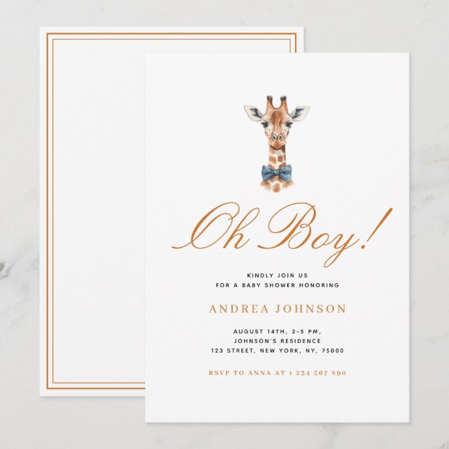 Invitation Blue Bow Giraffe Safari Thème Baby shower garçon (Devant / Derrière)