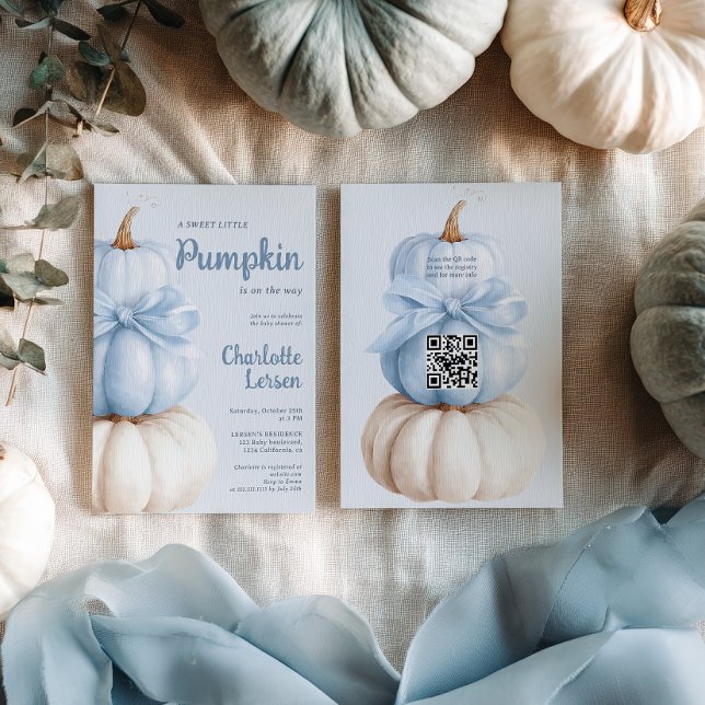 Invitation Blue Bow Little Citrouille Boy Baby shower QR Code (Blue Bow Little Pumpkin Boy Baby Shower QR Code Invitation)