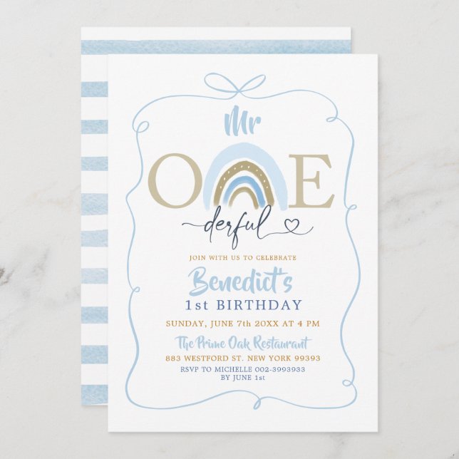 Invitation Blue Bow M. Onederful Boy's Birthday (Devant / Derrière)