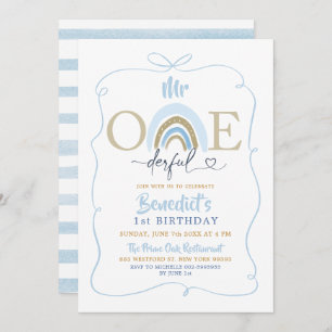 Invitation Blue Bow M. Onederful Boy's Birthday