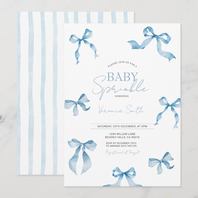 Invitation Blue Bow Modern Baby Sprinkle (Devant / Derrière)