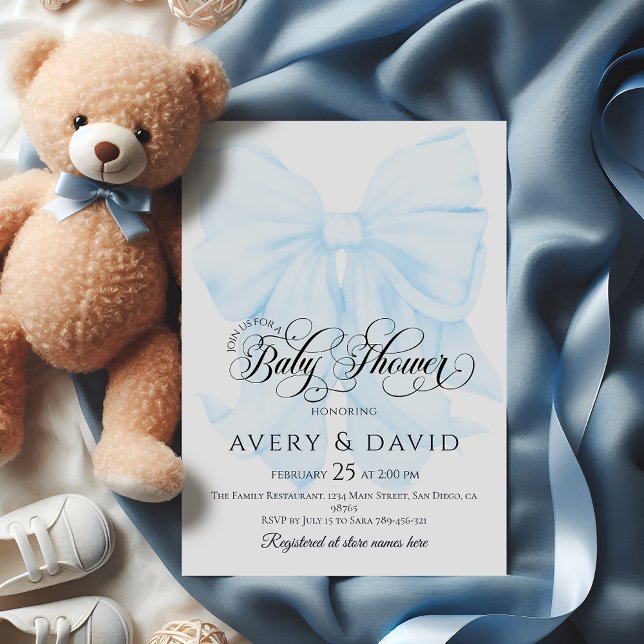 Invitation Blue Bow Moderne Elegant Baby shower Garçon (Créateur téléchargé)