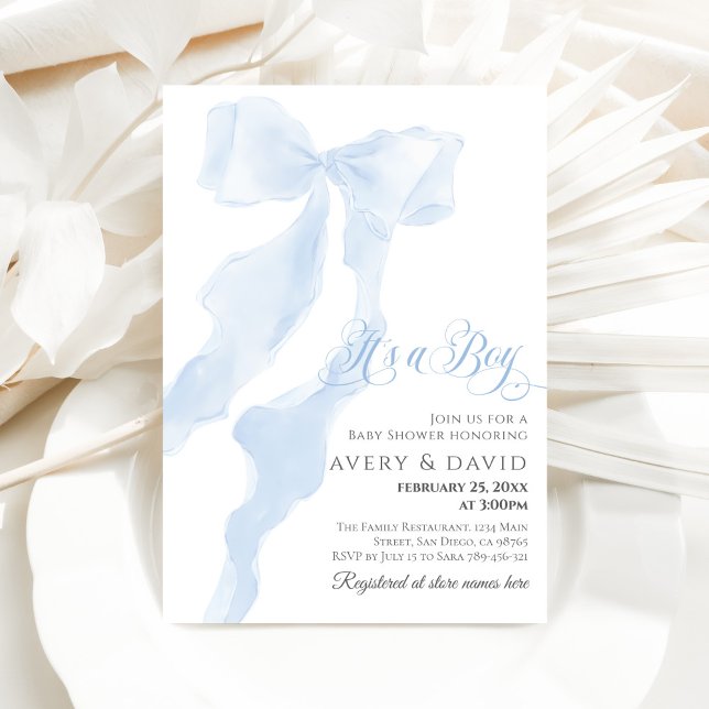 Invitation Blue Bow Moderne Élégant C'est un Baby shower garç (Créateur téléchargé)