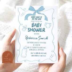 Invitation Blue Bow Moderne Illustré Baby shower garçon