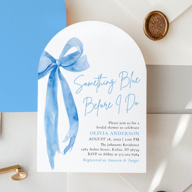 Invitation Blue Bow quelque chose de bleu avant de faire Fête (Modern Watercolor Blue Bow Something Blue Before I Do Arch Bridal Shower Invitation)