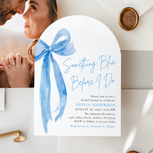 Invitation Blue Bow quelque chose de bleu avant de faire Fête (Modern Watercolor Blue Bow Something Blue Before I Do Arch Bridal Shower Invitation)