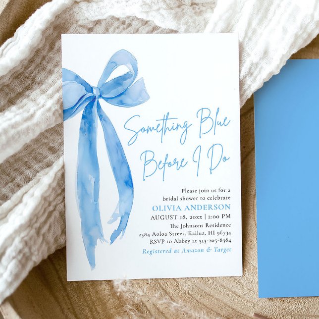 Invitation Blue Bow quelque chose de bleu avant de faire Fête (Modern Watercolor Blue Bow Something Blue Before I Do Bridal Shower Invitation)
