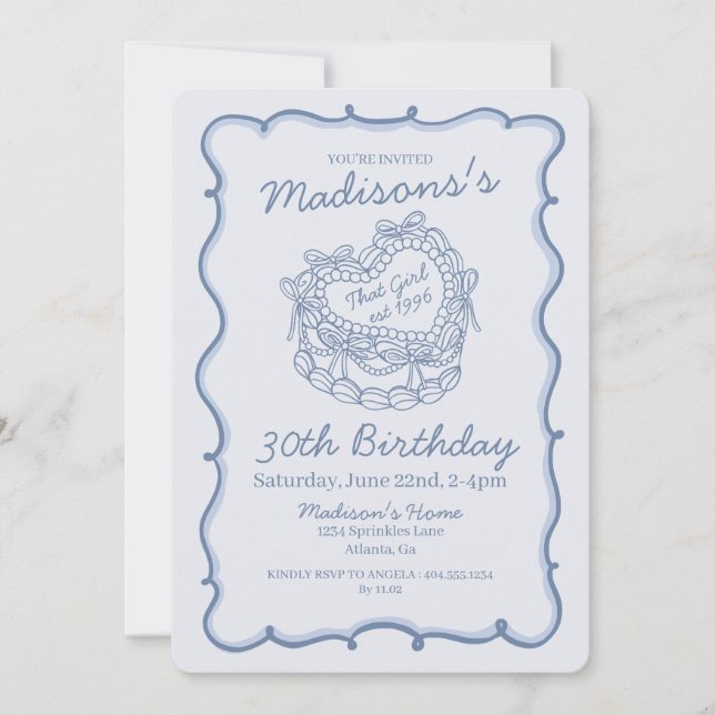 Invitation Blue Bow Retro Coquette gâteau Coquette Anniversai (Devant)