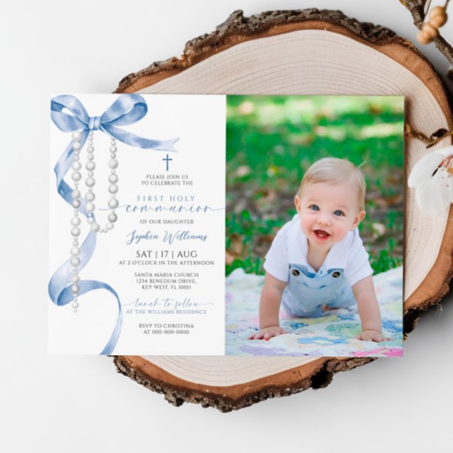 Invitation Blue Bow & Rosary Photo Première communion sainte (Créateur téléchargé)