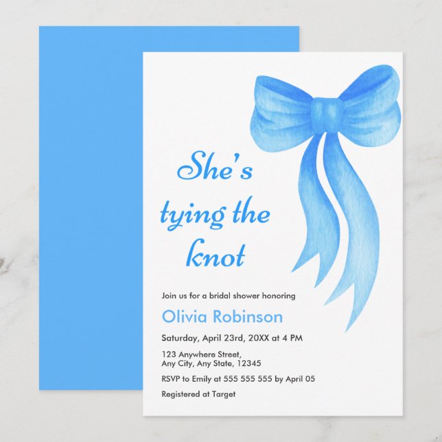 Invitation Blue Bow She's Tying the Knot Bridal Shower  (Devant / Derrière)