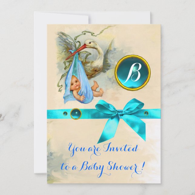 INVITATION BLUE BOW STORK BÉBÉ GARÇON DOUCHE GEMSTONE MONOGRA (Devant)