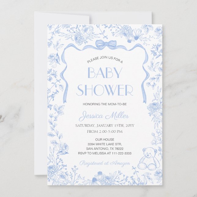 Invitation Blue Bow Toile De Jouy Boy Baby Shower (Devant)
