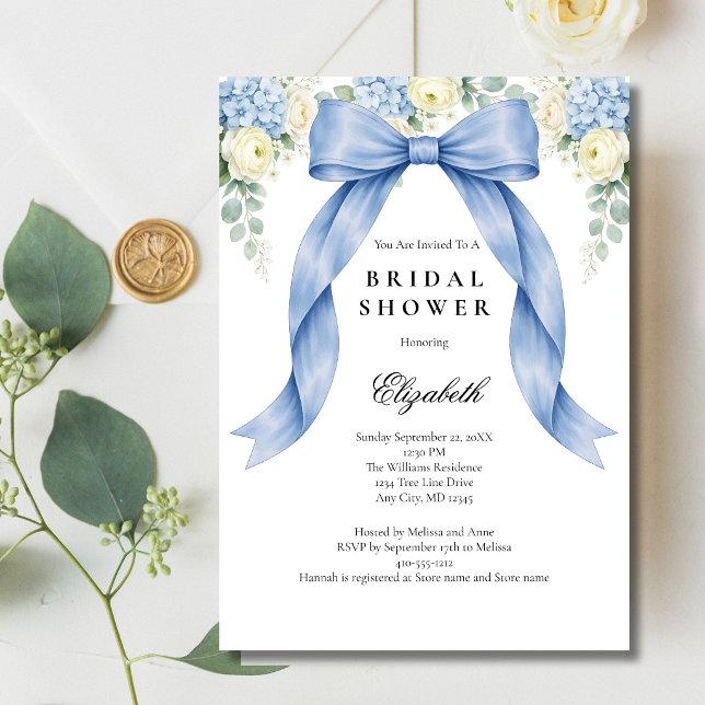Invitation Blue Bow Watercolor Florals Bridal Shower (Something Blue Bow, Watercolor Blue White Florals Bridal Shower invitation. Printed or Digital)