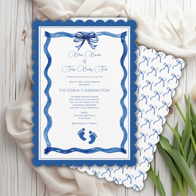 Invitation Blue Bows & Baby Toes Elegant Baby Shower  (Créateur téléchargé)