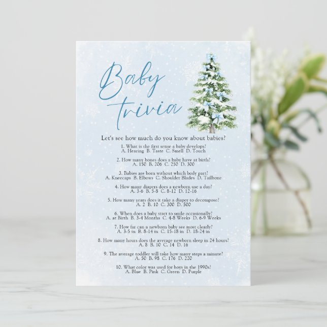 Invitation Blue Bows Christmas Baby Shower Baby Trivia Game (Debout devant)