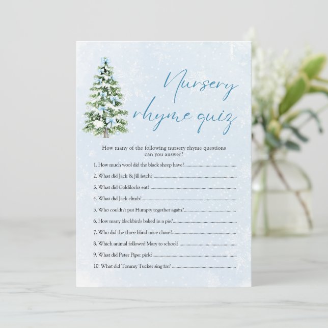 Invitation Blue Bows Christmas Nursery Rhyme Quiz Baby Shower (Debout devant)