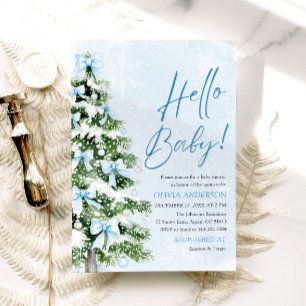 Invitation Blue Bows Christmas Tree Hello Baby Baby shower