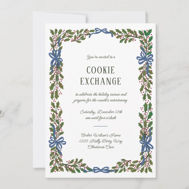 Invitation Blue Bows et Holly Garland (Devant)