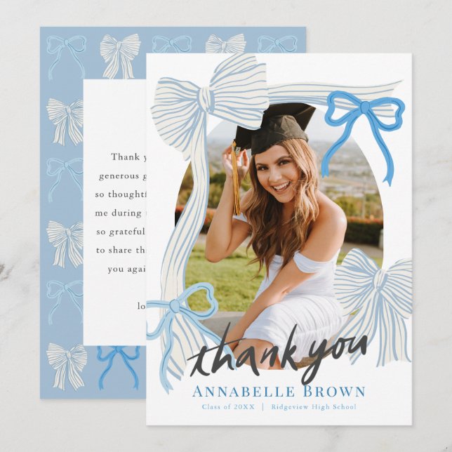 Invitation Blue Bows Photo Graduation Thank You Card (Devant / Derrière)