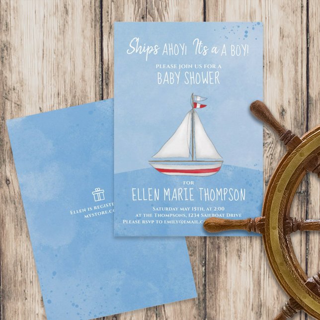 Invitation Blue Boy Baby shower Cute Voilier (Blue baby shower sailing initiation with "Ships ahoy, It's a boy" lettering. )