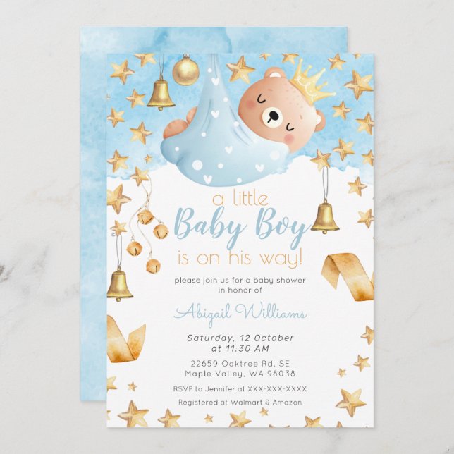 Invitation Blue Boy Bear sur son chemin, Gold Stars Baby show (Devant / Derrière)