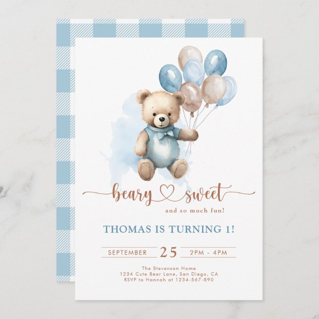 Invitation Blue Boy Beary Sweet 1er Anniversaire Plaid Teddy  (Devant / Derrière)