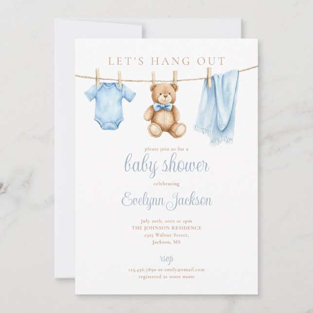 Invitation Blue Boy Clothesline Baby Shower All In One (Devant)