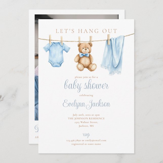 Invitation Blue Boy Clothesline Baby Shower Photo QR Code (Devant / Derrière)