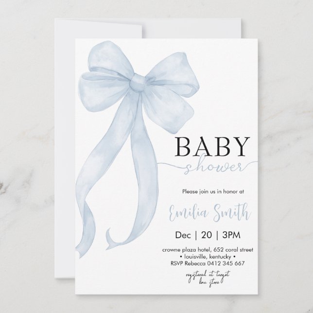 Invitation Blue Boy Coquette Bow Baby shower (Devant)