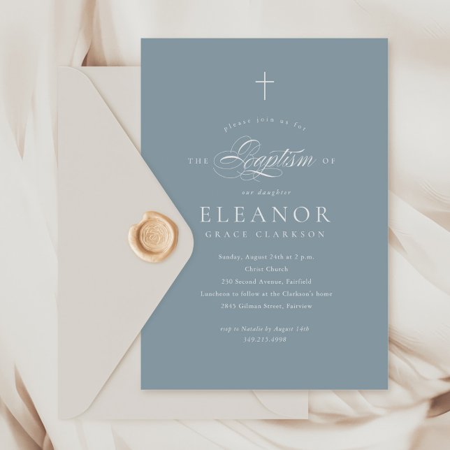 Invitation Blue Boy Elegant Cross Calligraphie Baptême (Créateur téléchargé)