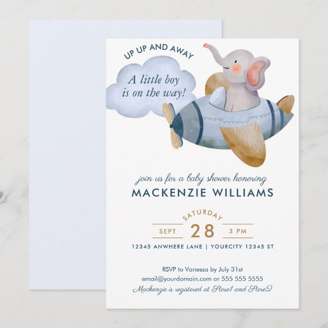 Invitation Blue Boy Elephant Plane Baby shower aquarelle (Devant / Derrière)