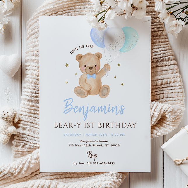 Invitation Blue Boy Teddy Bear Balloon First Birthday (Créateur téléchargé)