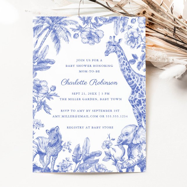 Invitation Blue Boy Toile Safari Élégant Baby shower (Blue Boy Toile Safari Elegant Baby Shower Invitation)