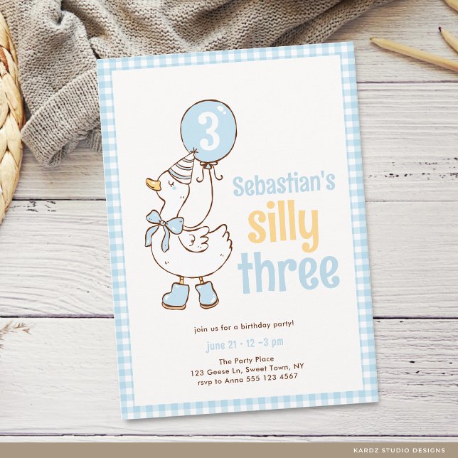 Invitation Blue Boy Trois Oie Idiote 3e Anniversaire (The front of the invitation is shown in a 5x7-inch size. Choose size, paper, and corner sty)
