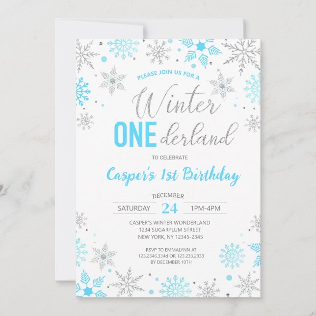 Invitation Blue Boy Winter Onederland Snowflake 1er anniversa (Devant)