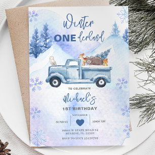 Invitation Blue Boy Woodland Camion d'hiver Onederland Annive