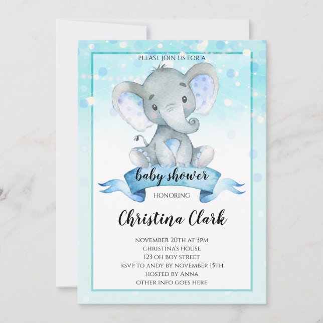 Invitation Blue Boys Baby Elephant Baby shower (Devant)