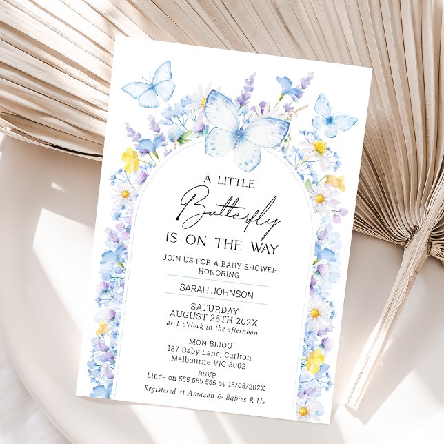 Invitation Blue Boys Fleur sauvage Petit Papillon Baby shower (Modern Boys Baby Blue Little Butterfly Baby Shower Invitation,  Blue Butterflies Baby Shower Invite)