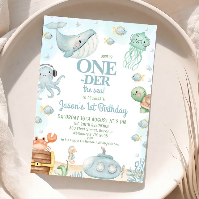 Invitation Blue Boys Under Sea Oneder La mer 1er anniversaire (Boys Oneder the Sea 1st Birthday Invitation ONEder the Sea First Birthday Party Invite Summer Ocean)