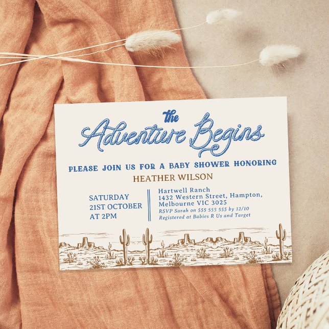 Invitation Blue Boys Wilderness Adventure commence Baby showe (Boys Adventure Begins Baby Shower Invitation, Wilderness, Western Desert, Rodeo, Wild West Rope)