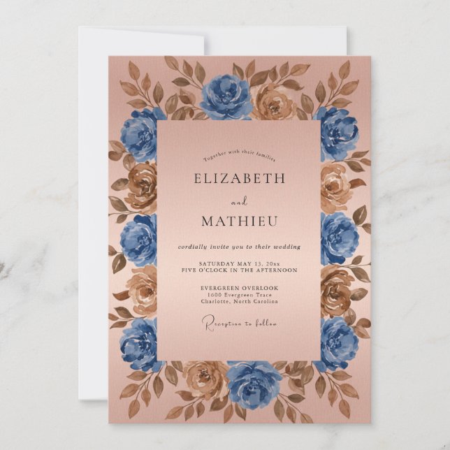 Invitation Blue Bronze Floral Romantic Wedding (Devant)