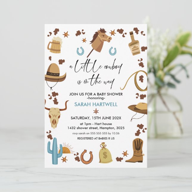 Invitation Blue Brown Boys Little Cowboy Baby shower (Debout devant)