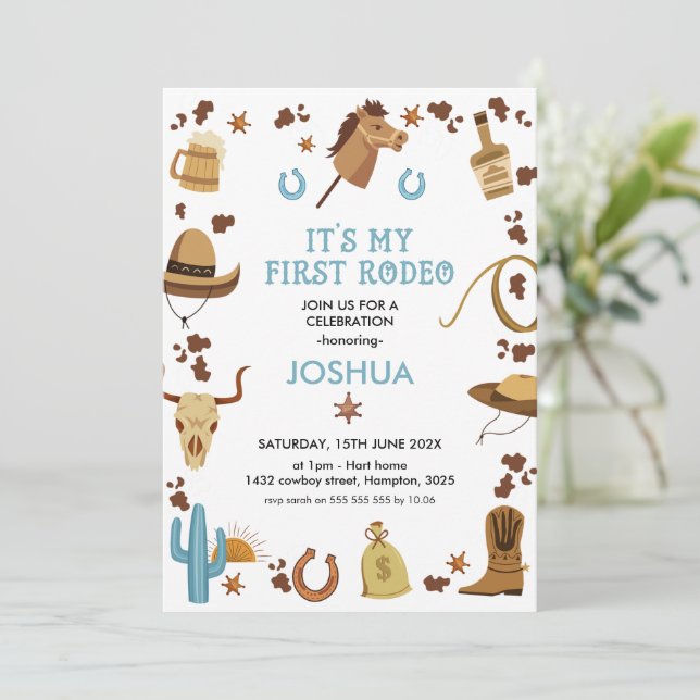 Invitation Blue Brown Mon premier Rodéo Cowboy 1er anniversai (Debout devant)