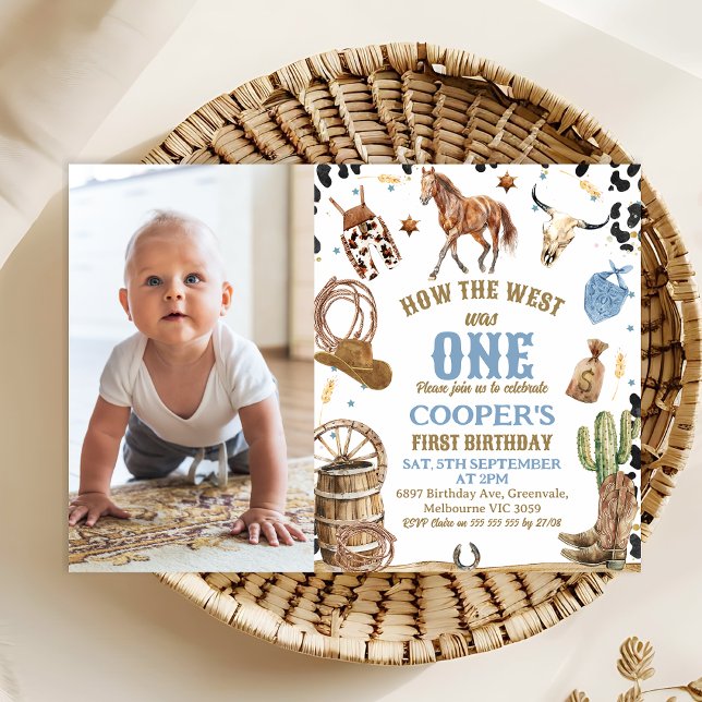 Invitation Blue Brown Photo Comment l'Occident a été un 1er a (How The West Was One 1st Birthday Invitation With Horse, Cowboy 1st Birthday Invitation Template)