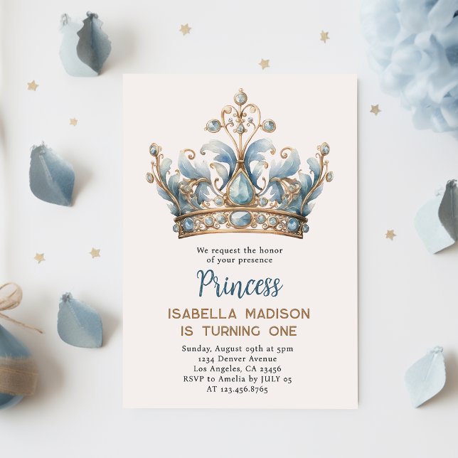 Invitation Blue Brown Princess Crown 1er anniversaire (Créateur téléchargé)