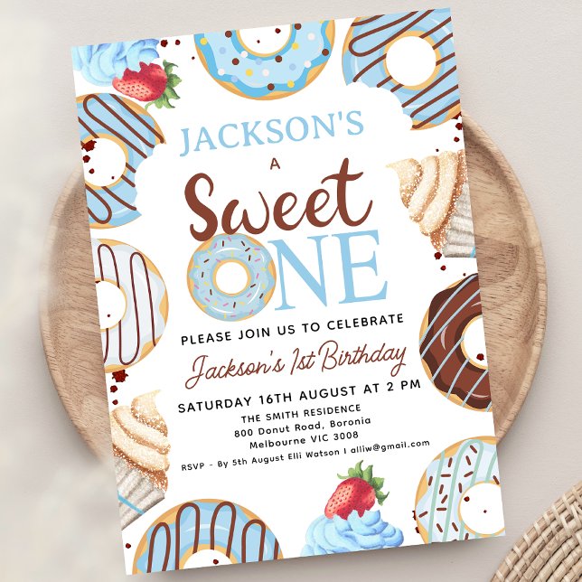 Invitation Blue Brown Sweet One Donut Anniversaire (Editable Boys Donut Sweet One Birthday Party Invitation Template. Printable Boys 1st Birthday Donut)
