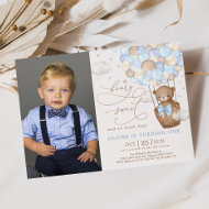 Invitation Blue Brown Teddy Bear Hot Air Balloon 1er annivers