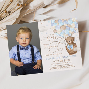 Invitation Blue Brown Teddy Bear Hot Air Balloon 1er annivers