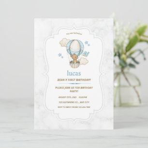 Invitation Blue Brown Teddy Bear Hot Air Balloon Boy
